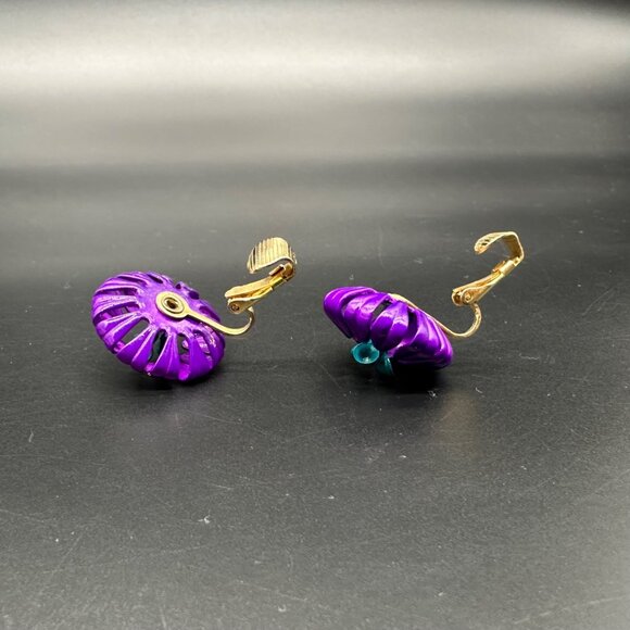 Vintage Flower Power Clip On Earrings Purple Turquoise 60s Retro Enamel Jewely - Picture 3 of 7